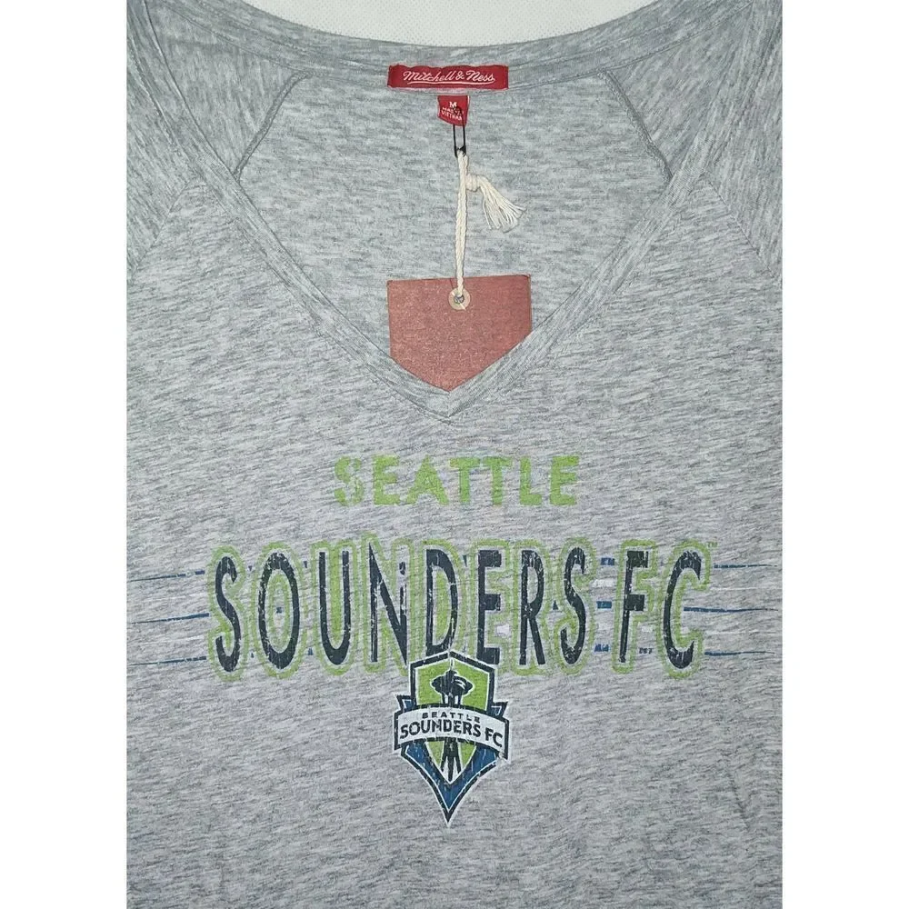 Seattle Sounders MLS FC Women's Medium V-Neck grey T-Shirt NWT Mitchell & Ness - Picture 1 of 11
